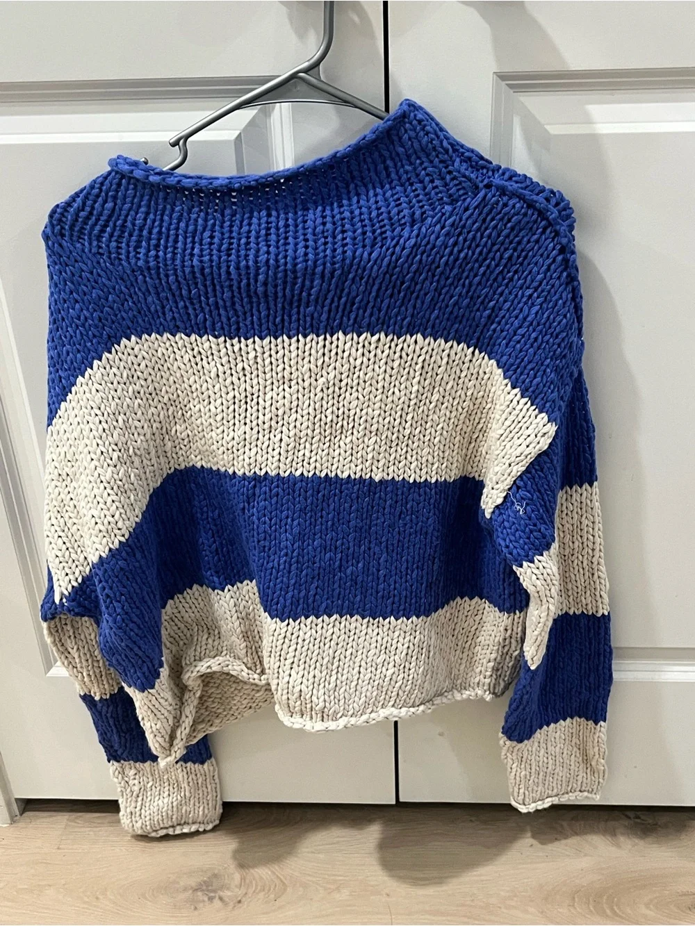 Free People Chunky Blue and Cream Striped Crew Sweater